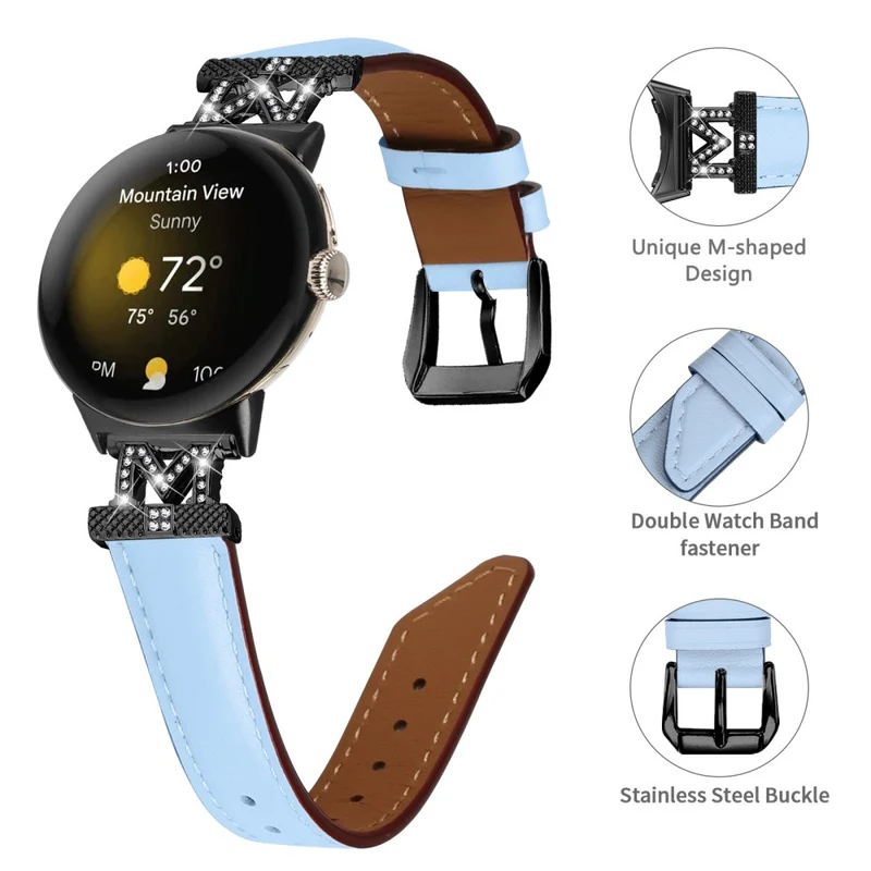 Watch Band Google Pixel Watch / Pixel Watch 2 Black Buckle Genuine Cowhide Leather Strap with M Shape Rhinestone Decor