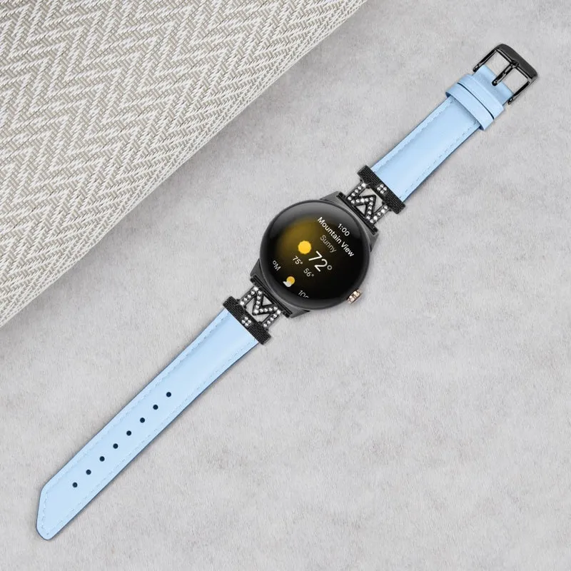 Watch Band Google Pixel Watch / Pixel Watch 2 Black Buckle Genuine Cowhide Leather Strap with M Shape Rhinestone Decor