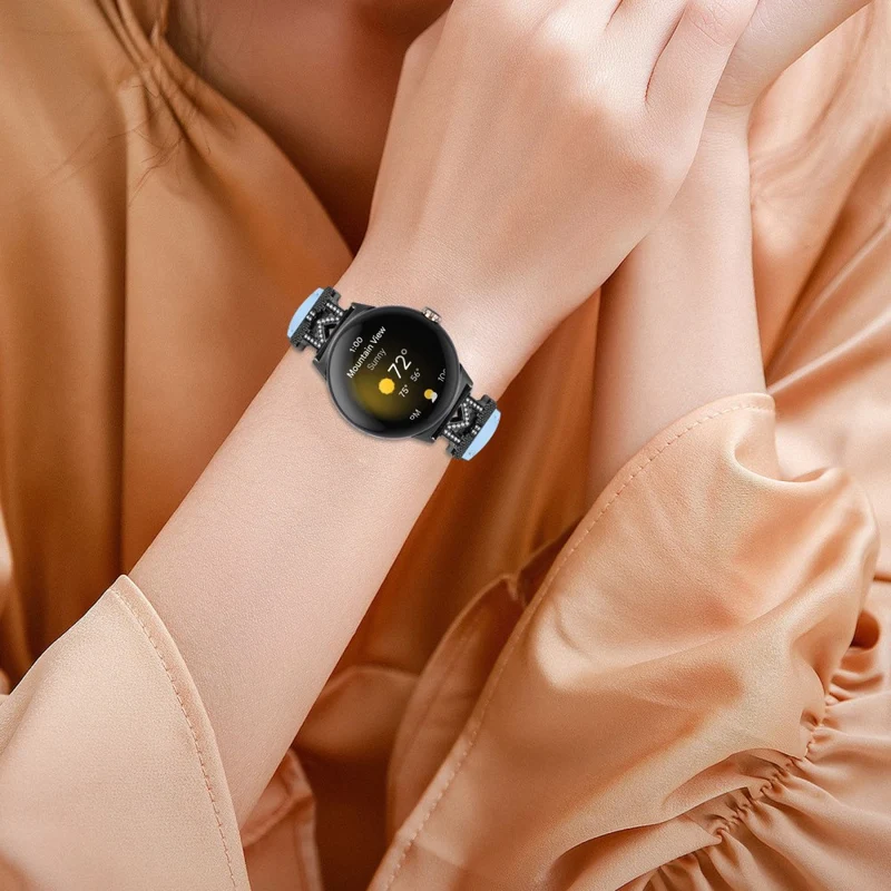 Watch Band Google Pixel Watch / Pixel Watch 2 Black Buckle Genuine Cowhide Leather Strap with M Shape Rhinestone Decor