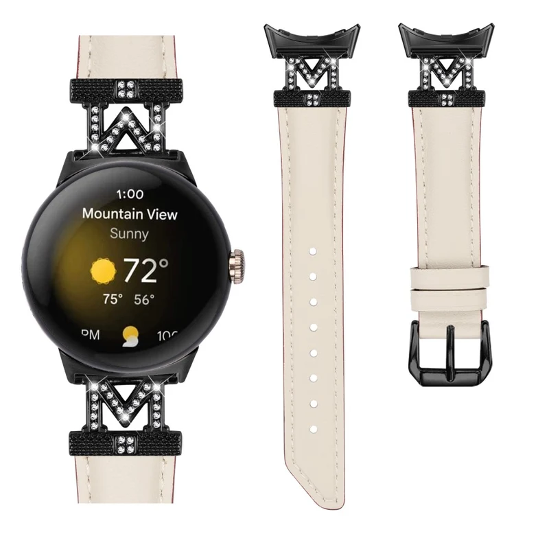 Watch Band Google Pixel Watch / Pixel Watch 2 Black Buckle Genuine Cowhide Leather Strap with M Shape Rhinestone Decor