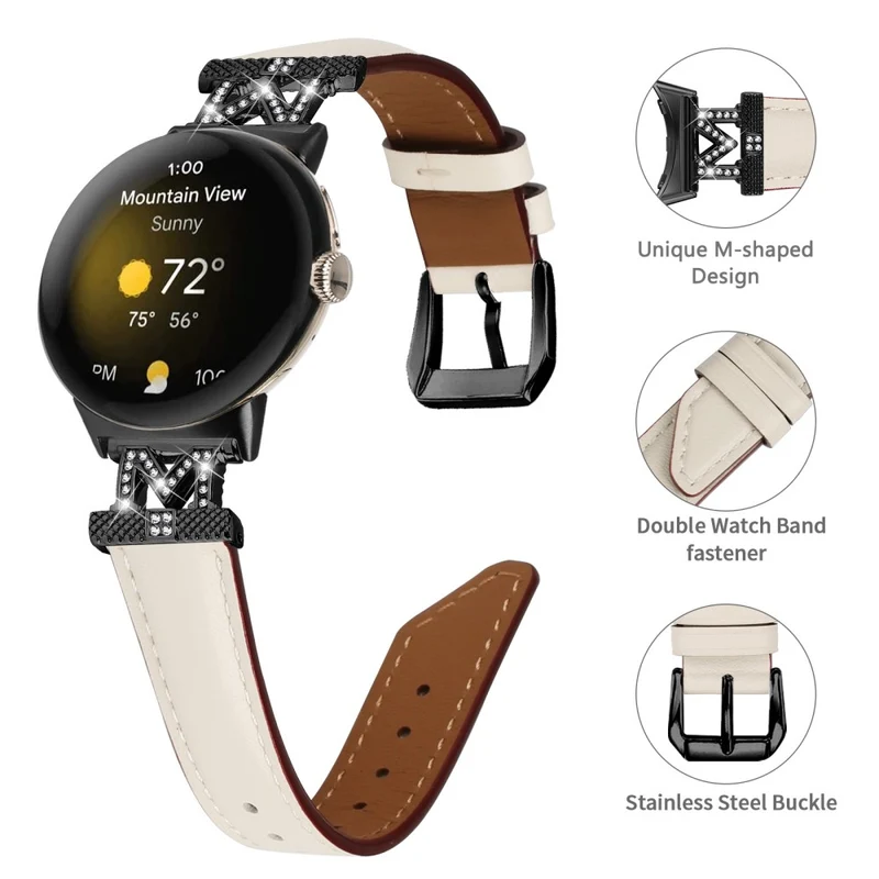 Watch Band Google Pixel Watch / Pixel Watch 2 Black Buckle Genuine Cowhide Leather Strap with M Shape Rhinestone Decor