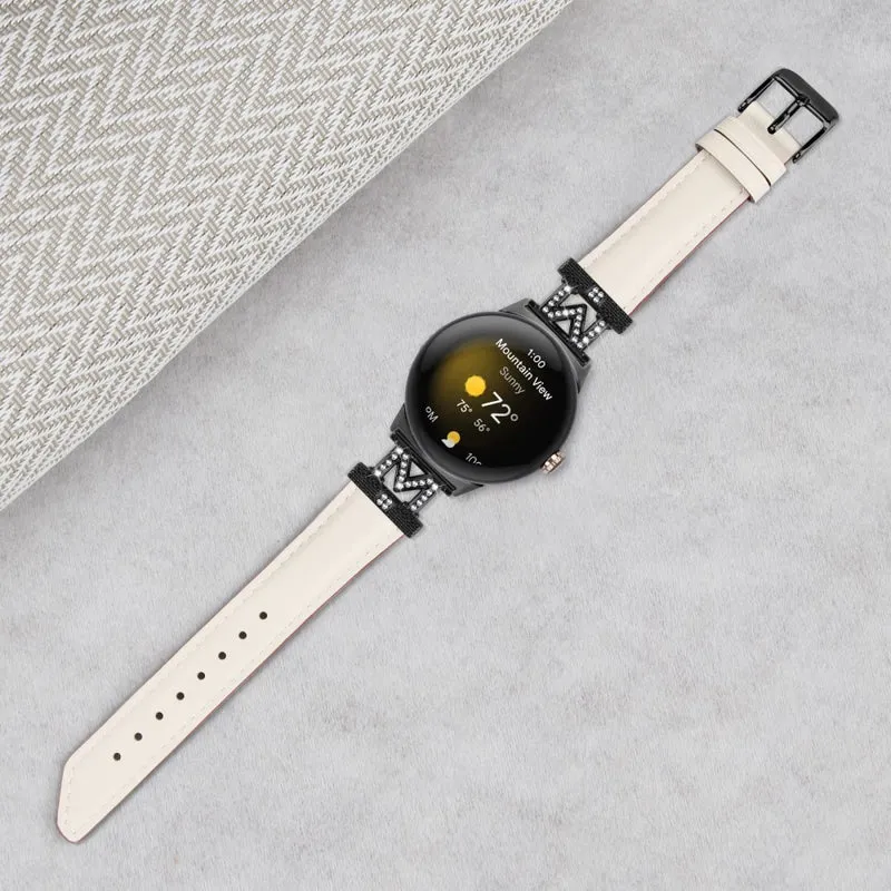 Watch Band Google Pixel Watch / Pixel Watch 2 Black Buckle Genuine Cowhide Leather Strap with M Shape Rhinestone Decor