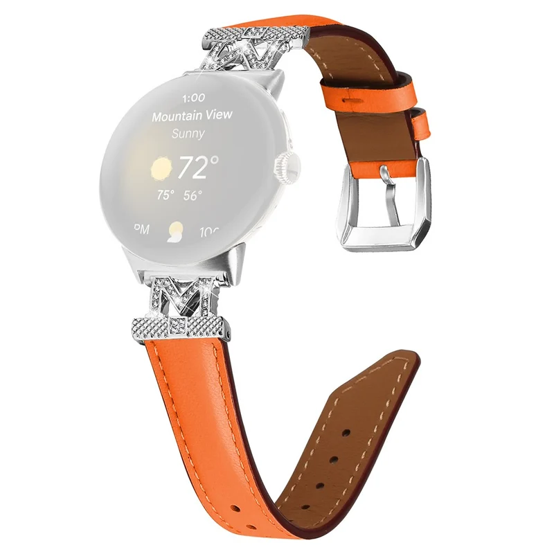 Google Pixel Watch / Pixel Watch 2 Silver Buckle Genuine Cowhide Leather Watch Strap with M Shape Rhinestone Decor