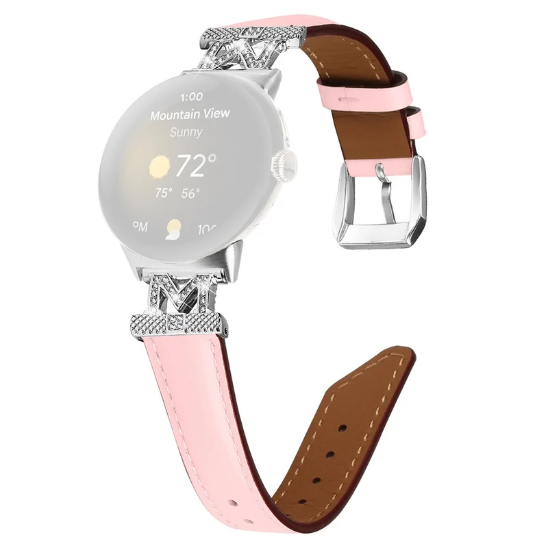 Google Pixel Watch / Pixel Watch 2 Silver Buckle Genuine Cowhide Leather Watch Strap with M Shape Rhinestone Decor