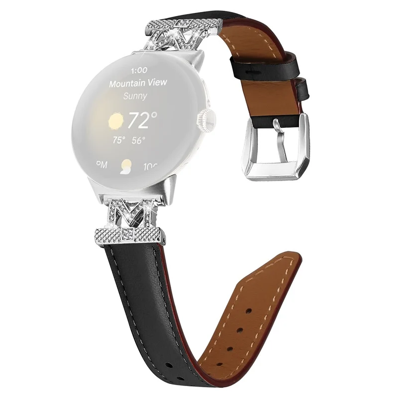 Google Pixel Watch / Pixel Watch 2 Silver Buckle Genuine Cowhide Leather Watch Strap with M Shape Rhinestone Decor