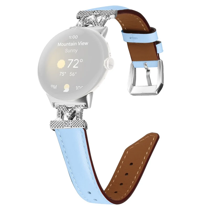 Google Pixel Watch / Pixel Watch 2 Silver Buckle Genuine Cowhide Leather Watch Strap with M Shape Rhinestone Decor
