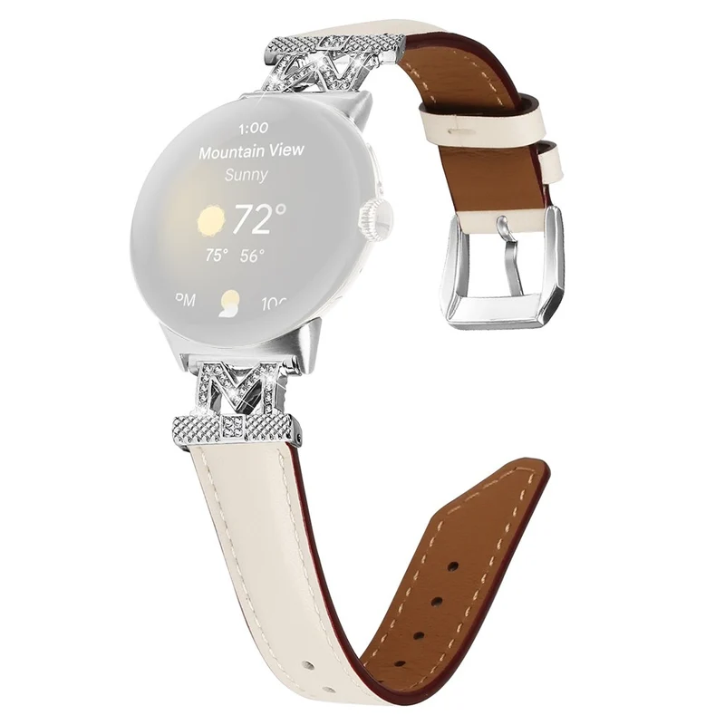 Google Pixel Watch / Pixel Watch 2 Silver Buckle Genuine Cowhide Leather Watch Strap with M Shape Rhinestone Decor
