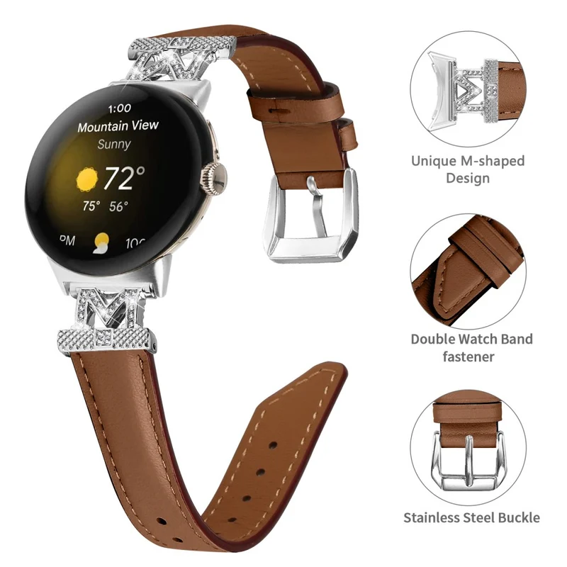 Google Pixel Watch / Pixel Watch 2 Silver Buckle Genuine Cowhide Leather Watch Strap with M Shape Rhinestone Decor