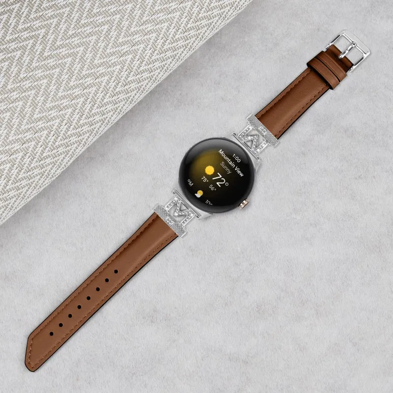 Google Pixel Watch / Pixel Watch 2 Silver Buckle Genuine Cowhide Leather Watch Strap with M Shape Rhinestone Decor