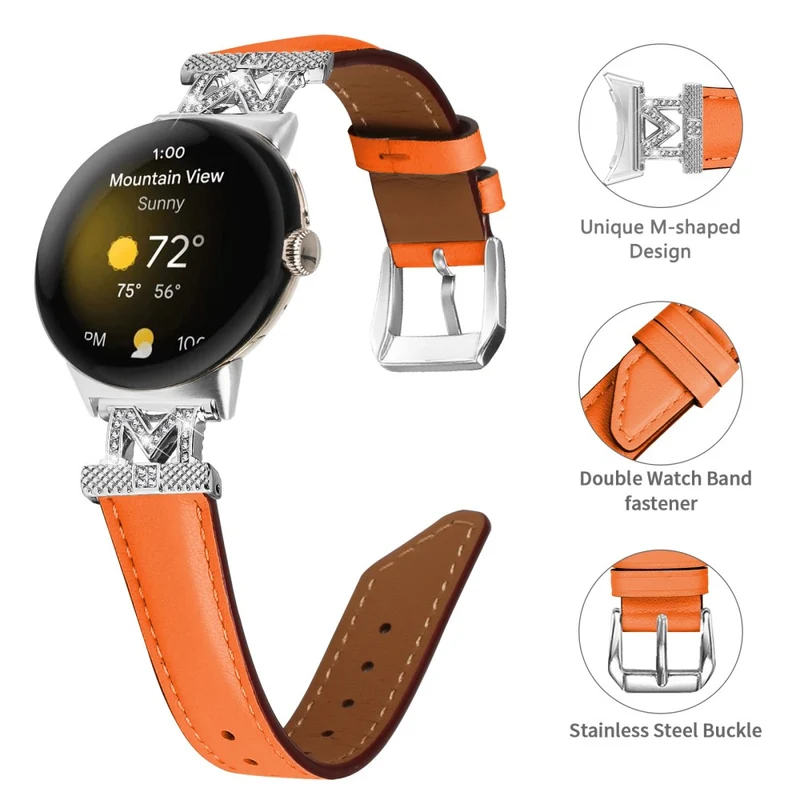 Google Pixel Watch / Pixel Watch 2 Silver Buckle Genuine Cowhide Leather Watch Strap with M Shape Rhinestone Decor