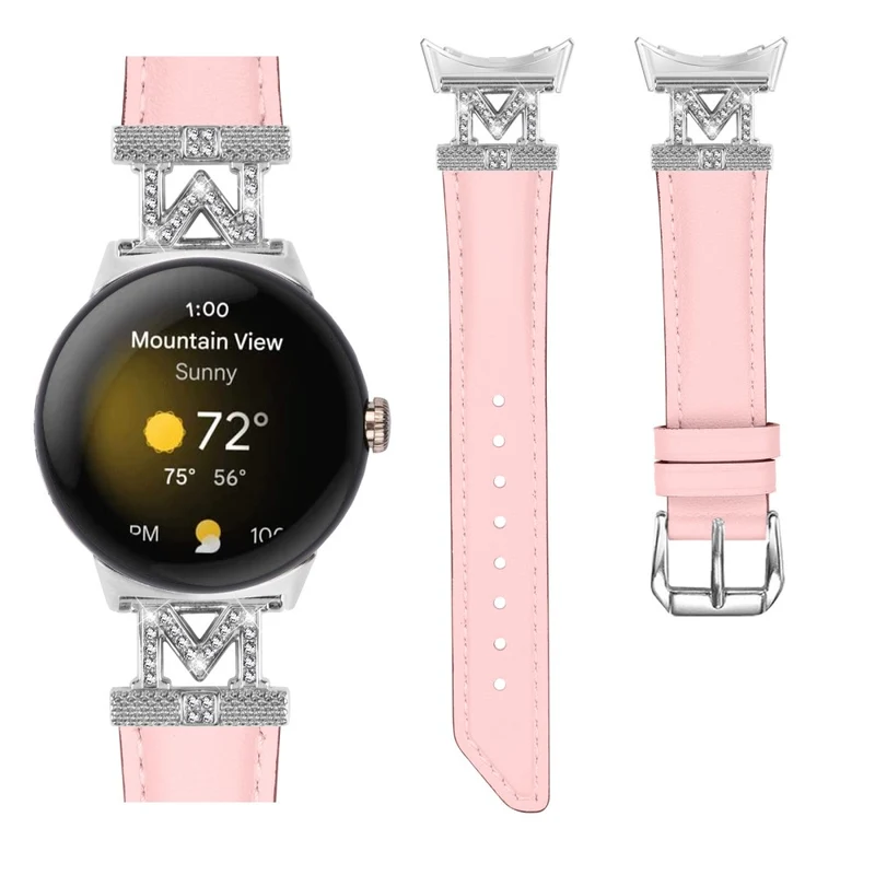 Google Pixel Watch / Pixel Watch 2 Silver Buckle Genuine Cowhide Leather Watch Strap with M Shape Rhinestone Decor