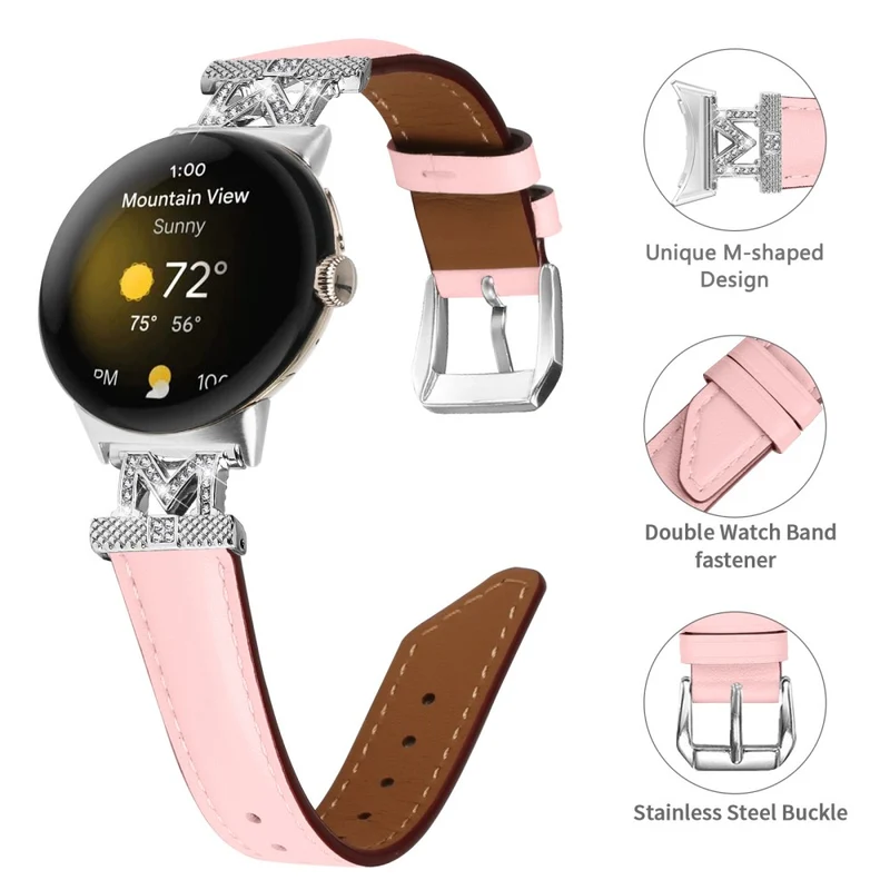 Google Pixel Watch / Pixel Watch 2 Silver Buckle Genuine Cowhide Leather Watch Strap with M Shape Rhinestone Decor