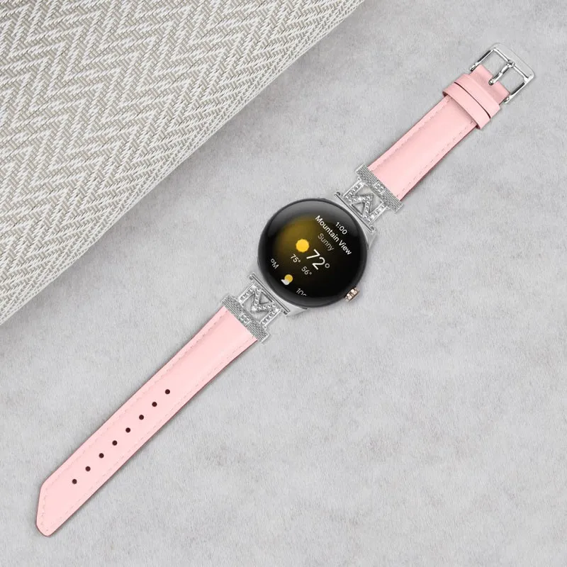 Google Pixel Watch / Pixel Watch 2 Silver Buckle Genuine Cowhide Leather Watch Strap with M Shape Rhinestone Decor