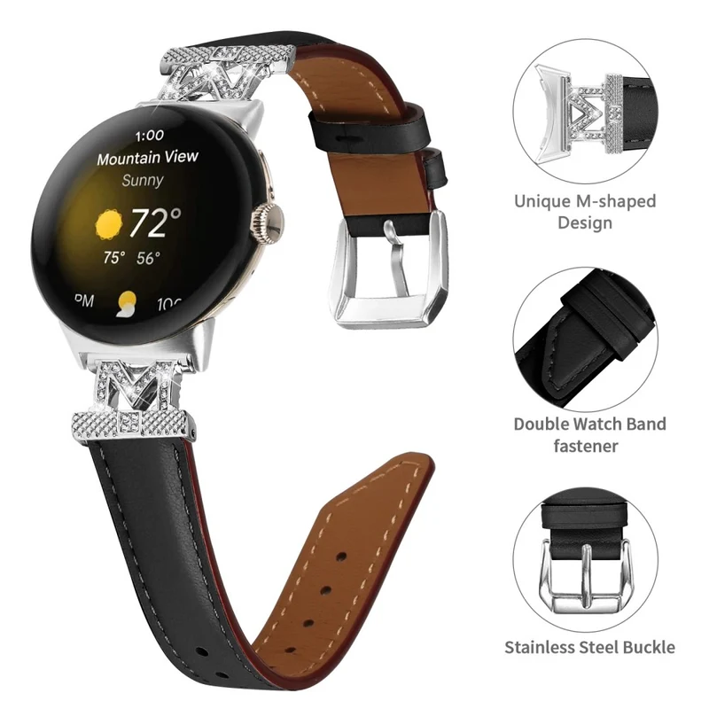 Google Pixel Watch / Pixel Watch 2 Silver Buckle Genuine Cowhide Leather Watch Strap with M Shape Rhinestone Decor