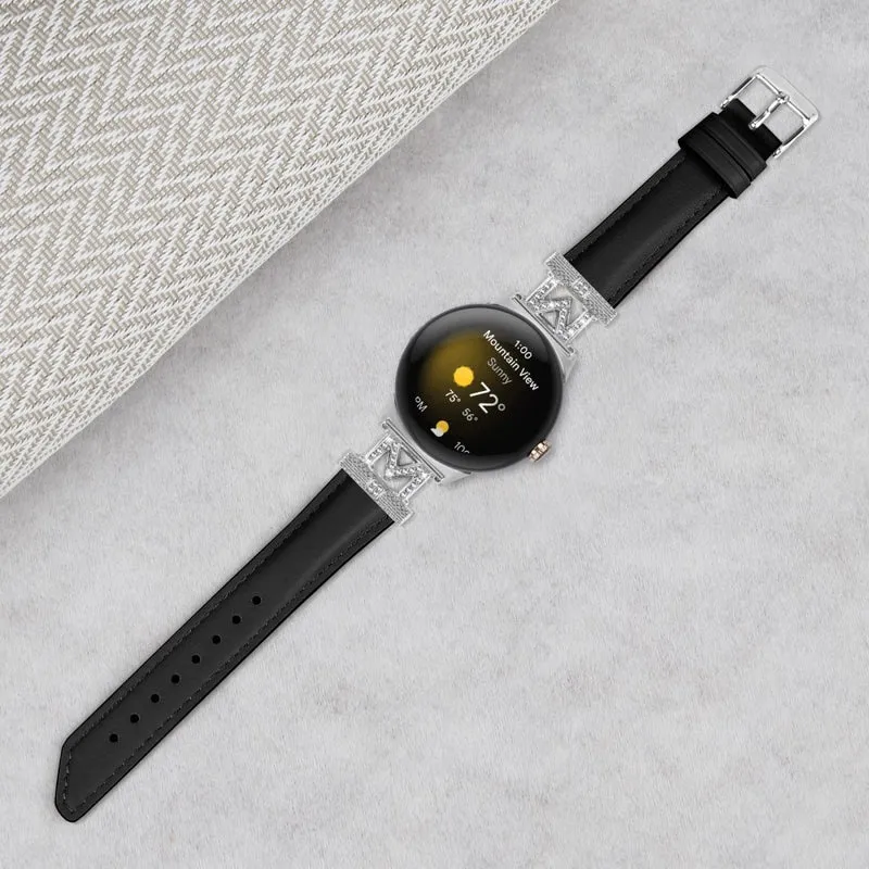 Google Pixel Watch / Pixel Watch 2 Silver Buckle Genuine Cowhide Leather Watch Strap with M Shape Rhinestone Decor