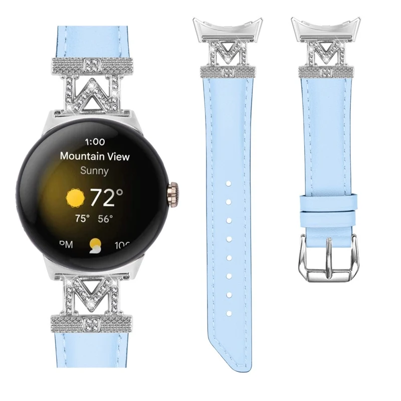 Google Pixel Watch / Pixel Watch 2 Silver Buckle Genuine Cowhide Leather Watch Strap with M Shape Rhinestone Decor
