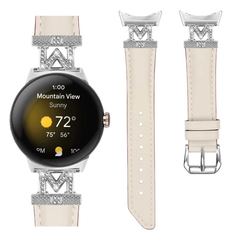 Google Pixel Watch / Pixel Watch 2 Silver Buckle Genuine Cowhide Leather Watch Strap with M Shape Rhinestone Decor