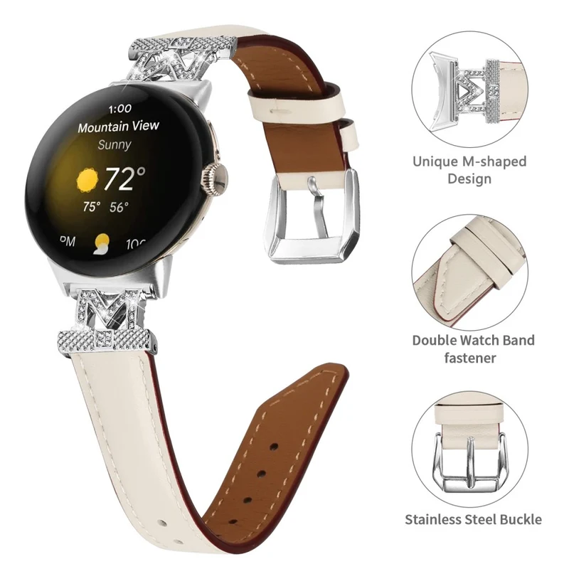 Google Pixel Watch / Pixel Watch 2 Silver Buckle Genuine Cowhide Leather Watch Strap with M Shape Rhinestone Decor