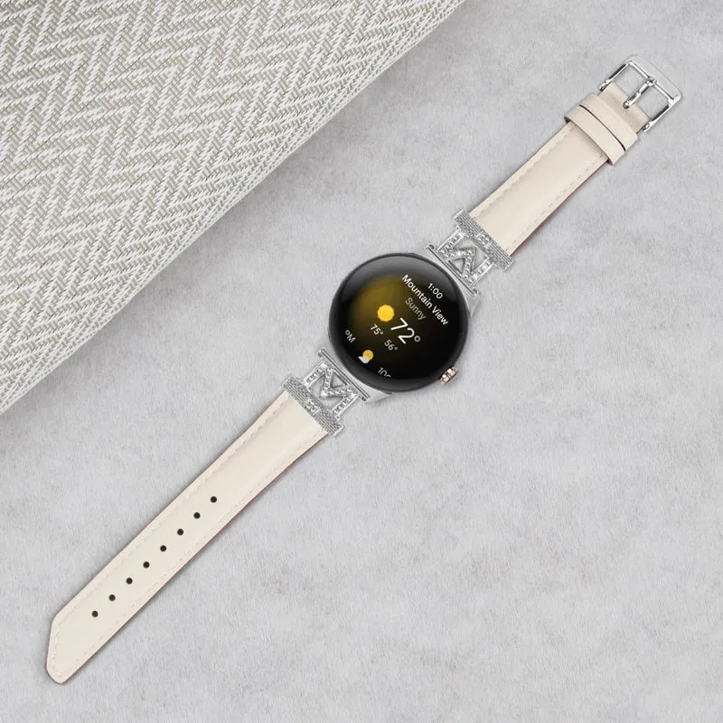 Google Pixel Watch / Pixel Watch 2 Silver Buckle Genuine Cowhide Leather Watch Strap with M Shape Rhinestone Decor