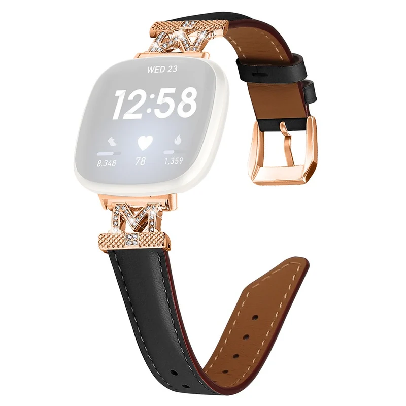 M Shape Rhinestone Watchband Fitbit Versa 3 / Versa 4 / Sense / Sense 2 Genuine Cowhide Leather Watch Strap with Rose Gold Buckle - Apricot
