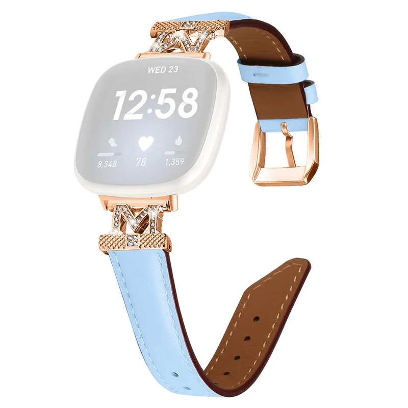 M Shape Rhinestone Watchband Fitbit Versa 3 / Versa 4 / Sense / Sense 2 Genuine Cowhide Leather Watch Strap with Rose Gold Buckle - Apricot