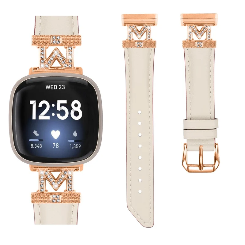 M Shape Rhinestone Watchband Fitbit Versa 3 / Versa 4 / Sense / Sense 2 Genuine Cowhide Leather Watch Strap with Rose Gold Buckle - Apricot