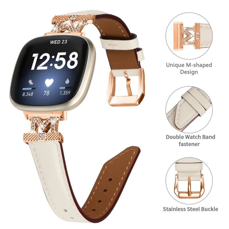M Shape Rhinestone Watchband Fitbit Versa 3 / Versa 4 / Sense / Sense 2 Genuine Cowhide Leather Watch Strap with Rose Gold Buckle - Apricot