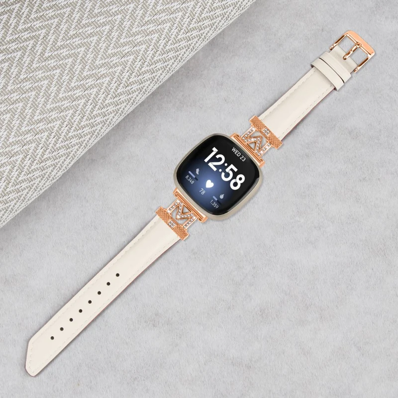 M Shape Rhinestone Watchband Fitbit Versa 3 / Versa 4 / Sense / Sense 2 Genuine Cowhide Leather Watch Strap with Rose Gold Buckle - Apricot