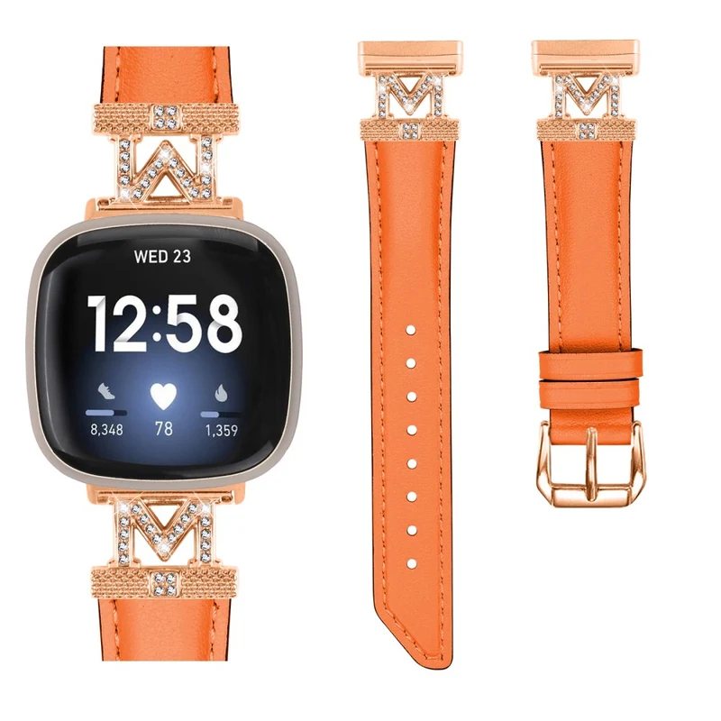 M Shape Rhinestone Watchband Fitbit Versa 3 / Versa 4 / Sense / Sense 2 Genuine Cowhide Leather Watch Strap with Rose Gold Buckle - Apricot