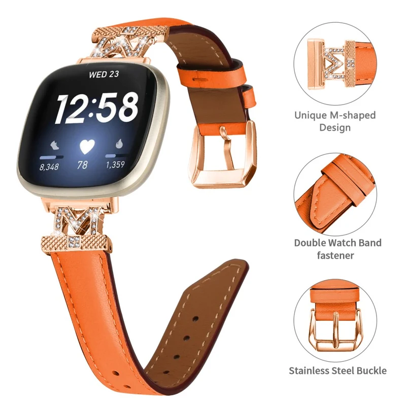 M Shape Rhinestone Watchband Fitbit Versa 3 / Versa 4 / Sense / Sense 2 Genuine Cowhide Leather Watch Strap with Rose Gold Buckle - Apricot