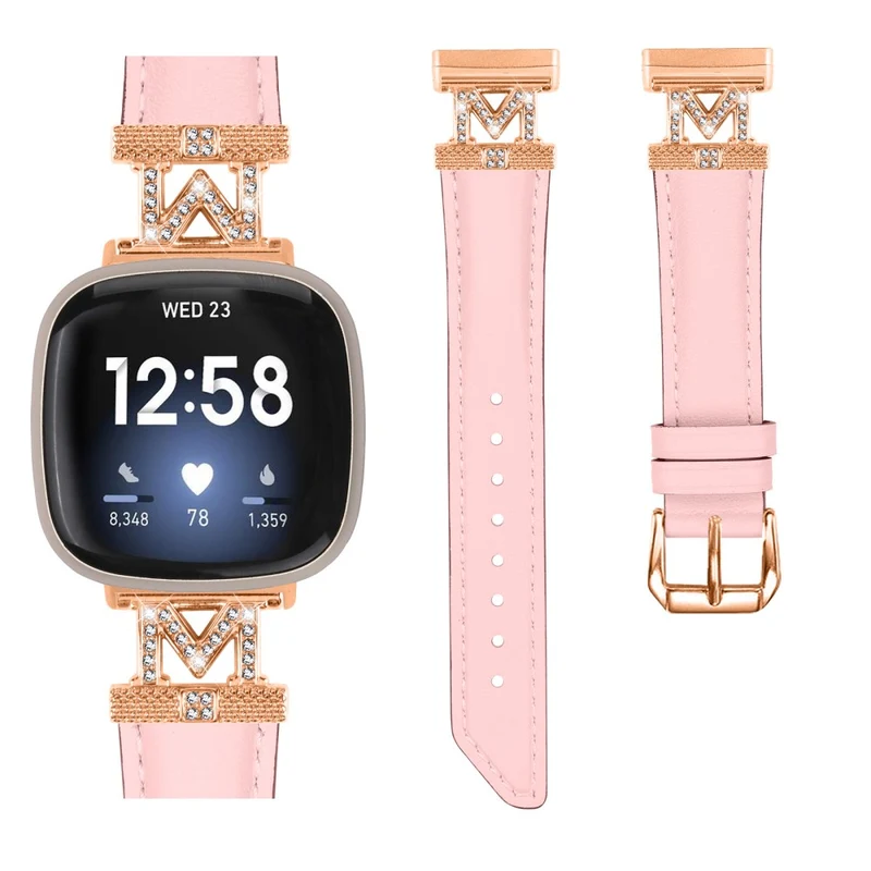 M Shape Rhinestone Watchband Fitbit Versa 3 / Versa 4 / Sense / Sense 2 Genuine Cowhide Leather Watch Strap with Rose Gold Buckle - Apricot