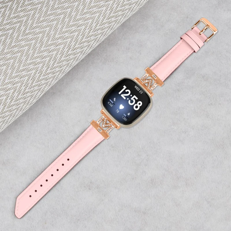 M Shape Rhinestone Watchband Fitbit Versa 3 / Versa 4 / Sense / Sense 2 Genuine Cowhide Leather Watch Strap with Rose Gold Buckle - Apricot