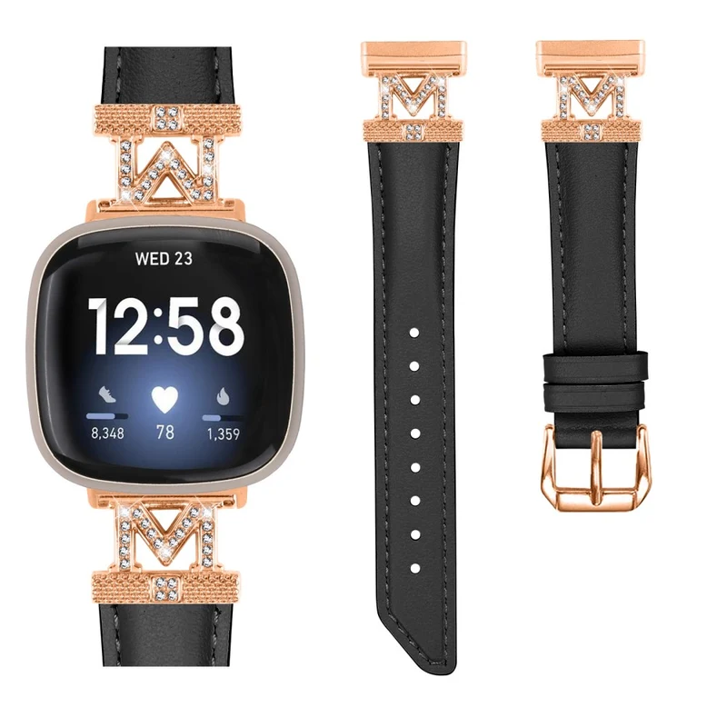 M Shape Rhinestone Watchband Fitbit Versa 3 / Versa 4 / Sense / Sense 2 Genuine Cowhide Leather Watch Strap with Rose Gold Buckle - Apricot