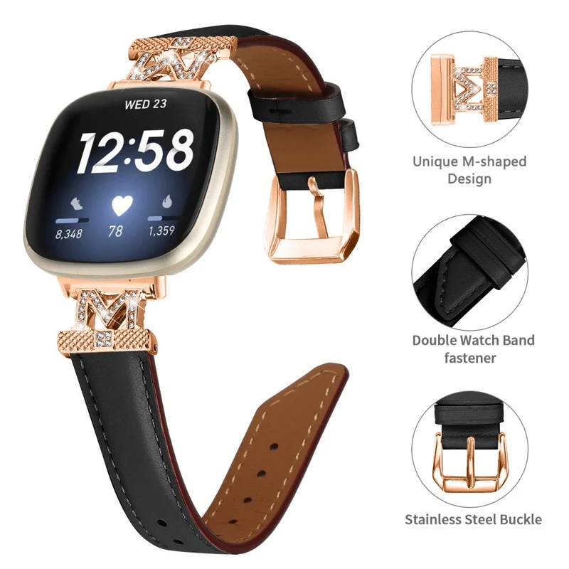 M Shape Rhinestone Watchband Fitbit Versa 3 / Versa 4 / Sense / Sense 2 Genuine Cowhide Leather Watch Strap with Rose Gold Buckle - Apricot