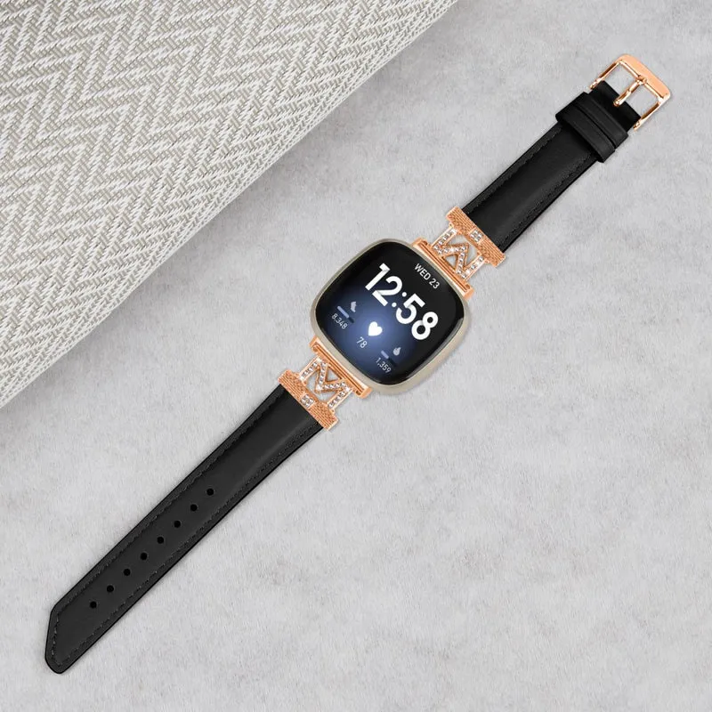 M Shape Rhinestone Watchband Fitbit Versa 3 / Versa 4 / Sense / Sense 2 Genuine Cowhide Leather Watch Strap with Rose Gold Buckle - Apricot