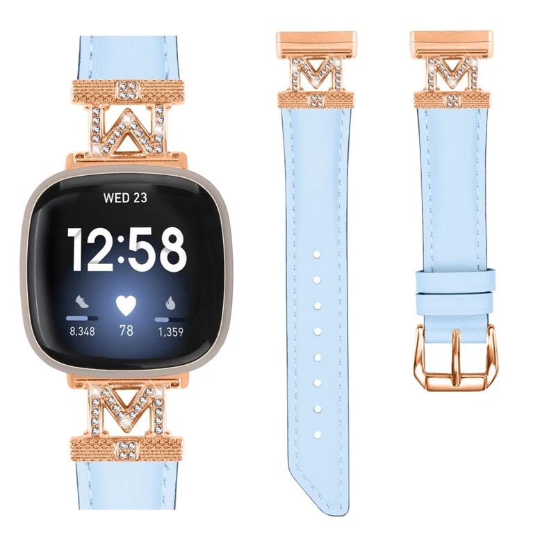 M Shape Rhinestone Watchband Fitbit Versa 3 / Versa 4 / Sense / Sense 2 Genuine Cowhide Leather Watch Strap with Rose Gold Buckle - Apricot