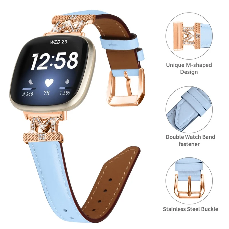 M Shape Rhinestone Watchband Fitbit Versa 3 / Versa 4 / Sense / Sense 2 Genuine Cowhide Leather Watch Strap with Rose Gold Buckle - Apricot