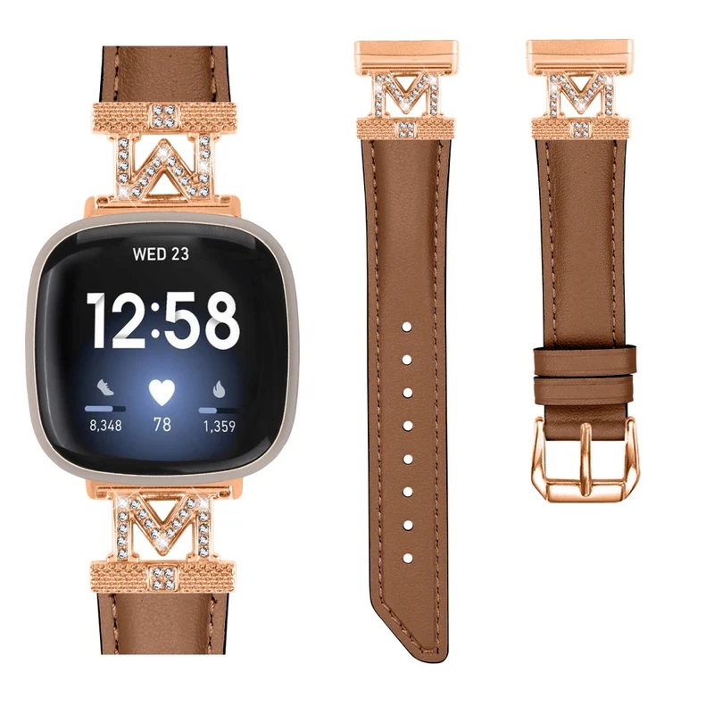 M Shape Rhinestone Watchband Fitbit Versa 3 / Versa 4 / Sense / Sense 2 Genuine Cowhide Leather Watch Strap with Rose Gold Buckle - Apricot