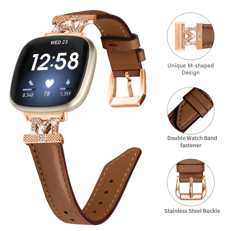 M Shape Rhinestone Watchband Fitbit Versa 3 / Versa 4 / Sense / Sense 2 Genuine Cowhide Leather Watch Strap with Rose Gold Buckle - Apricot