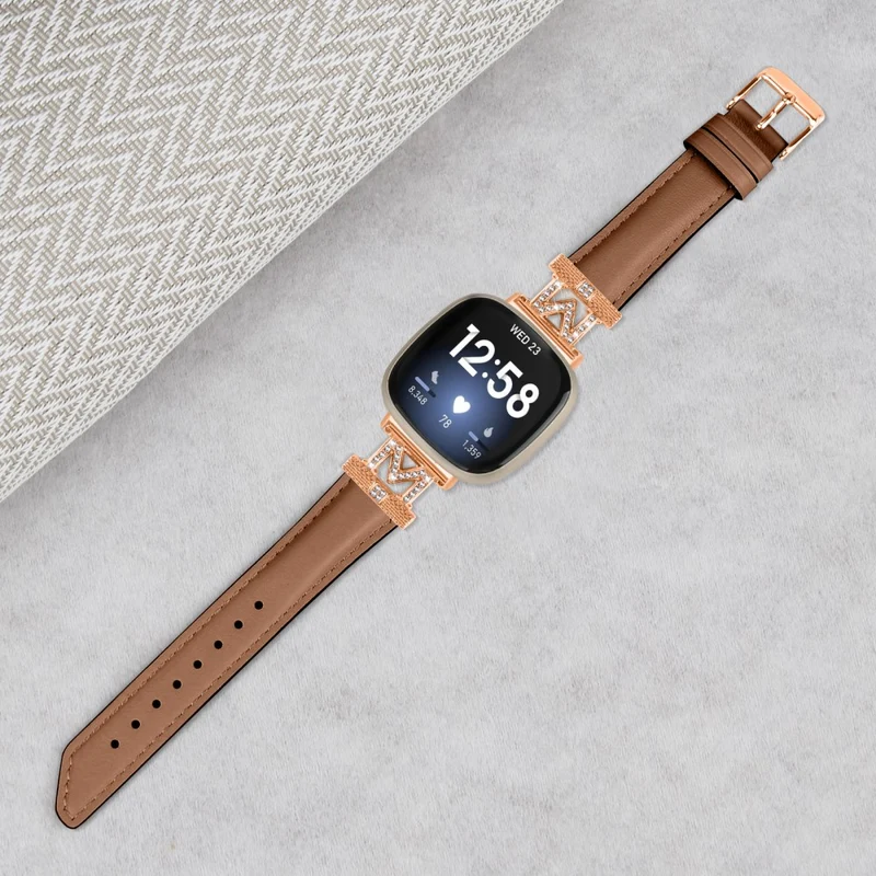 M Shape Rhinestone Watchband Fitbit Versa 3 / Versa 4 / Sense / Sense 2 Genuine Cowhide Leather Watch Strap with Rose Gold Buckle - Apricot