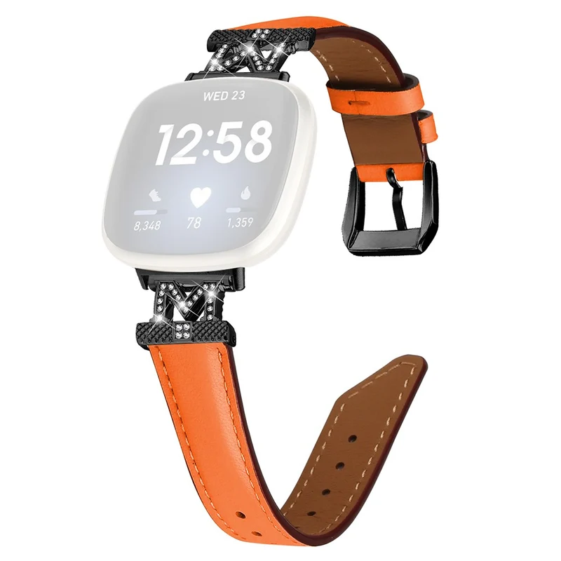 Watch Strap Fitbit Versa 3 / Versa 4 / Sense / Sense 2 M Shape Rhinestone Decor Genuine Cowhide Leather Band with Black Buckle - Apricot