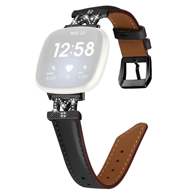 Watch Strap Fitbit Versa 3 / Versa 4 / Sense / Sense 2 M Shape Rhinestone Decor Genuine Cowhide Leather Band with Black Buckle - Apricot