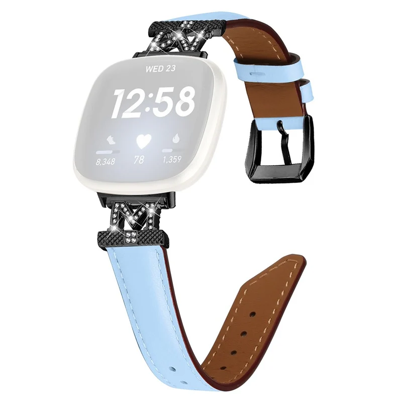 Watch Strap Fitbit Versa 3 / Versa 4 / Sense / Sense 2 M Shape Rhinestone Decor Genuine Cowhide Leather Band with Black Buckle - Apricot