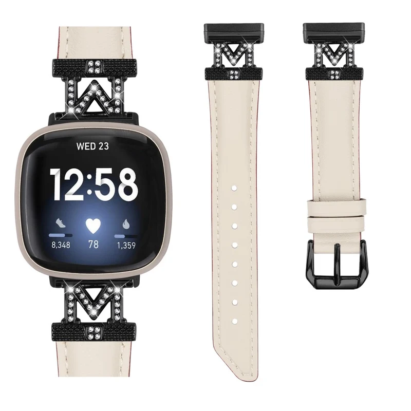 Watch Strap Fitbit Versa 3 / Versa 4 / Sense / Sense 2 M Shape Rhinestone Decor Genuine Cowhide Leather Band with Black Buckle - Apricot