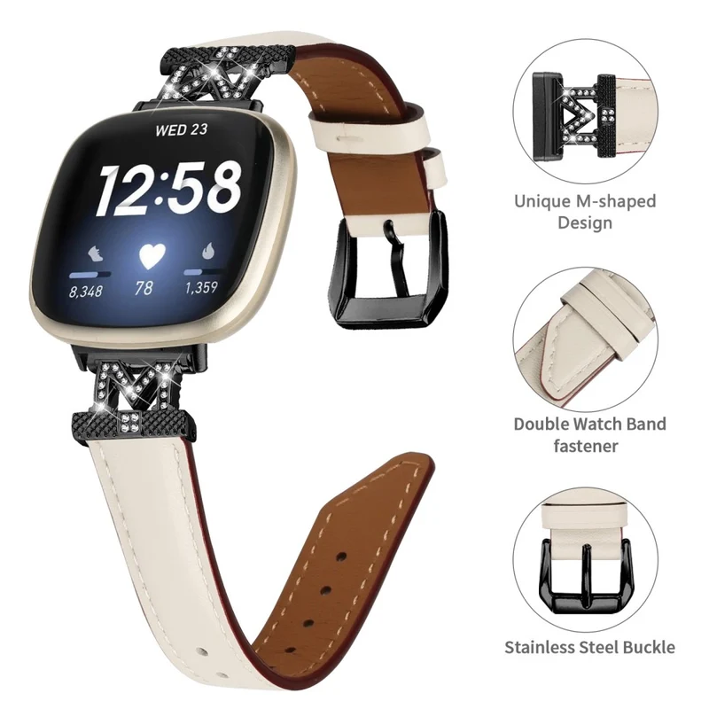 Watch Strap Fitbit Versa 3 / Versa 4 / Sense / Sense 2 M Shape Rhinestone Decor Genuine Cowhide Leather Band with Black Buckle - Apricot