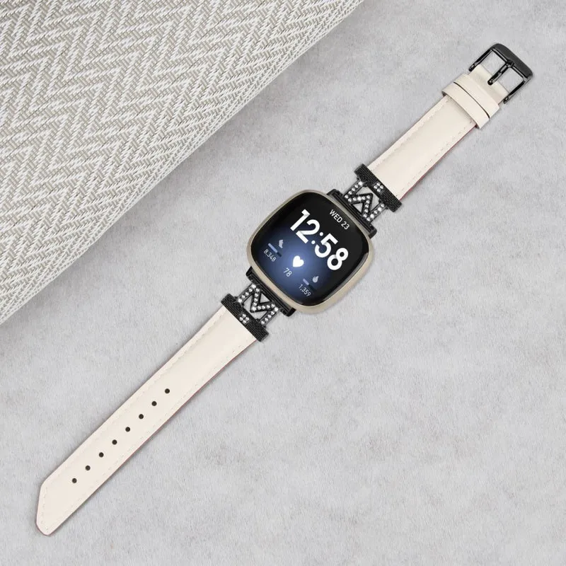 Watch Strap Fitbit Versa 3 / Versa 4 / Sense / Sense 2 M Shape Rhinestone Decor Genuine Cowhide Leather Band with Black Buckle - Apricot
