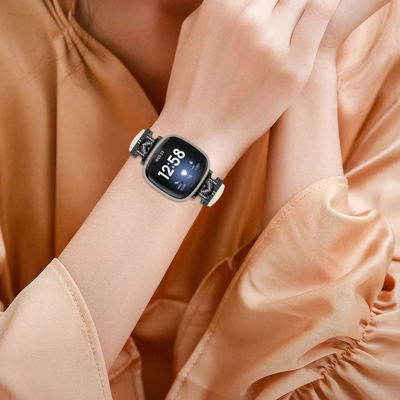 Watch Strap Fitbit Versa 3 / Versa 4 / Sense / Sense 2 M Shape Rhinestone Decor Genuine Cowhide Leather Band with Black Buckle - Apricot