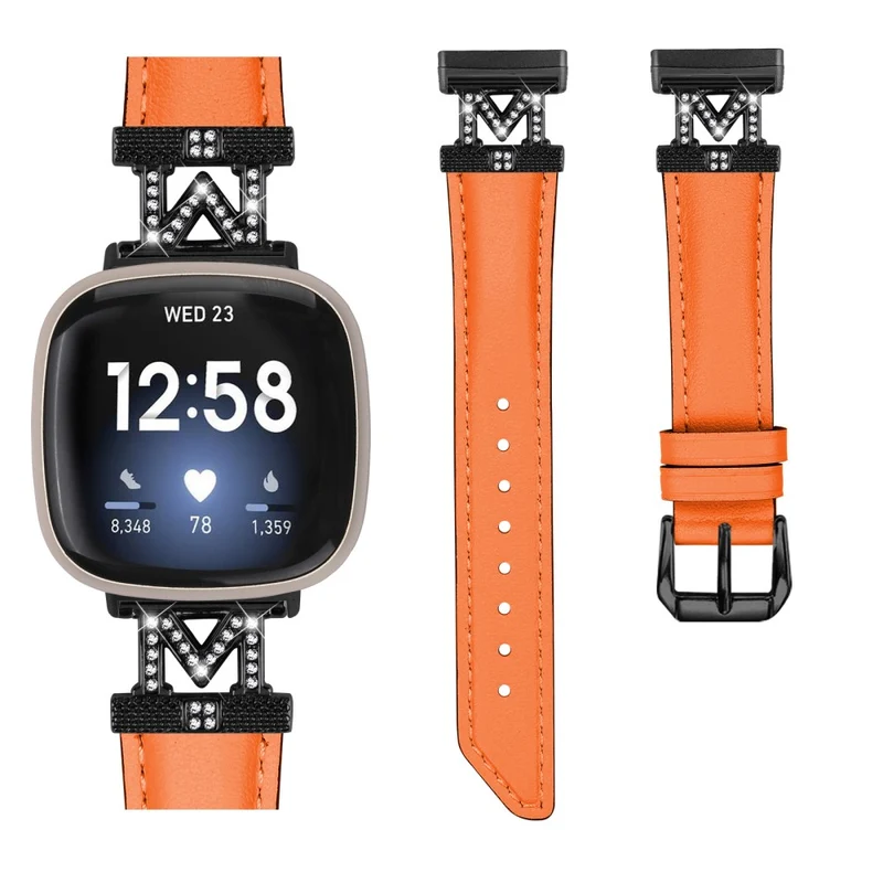 Watch Strap Fitbit Versa 3 / Versa 4 / Sense / Sense 2 M Shape Rhinestone Decor Genuine Cowhide Leather Band with Black Buckle - Apricot