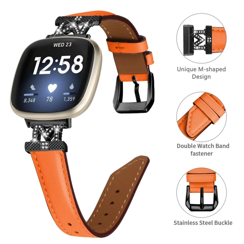 Watch Strap Fitbit Versa 3 / Versa 4 / Sense / Sense 2 M Shape Rhinestone Decor Genuine Cowhide Leather Band with Black Buckle - Apricot