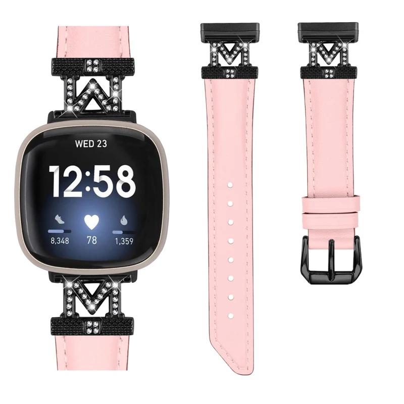 Watch Strap Fitbit Versa 3 / Versa 4 / Sense / Sense 2 M Shape Rhinestone Decor Genuine Cowhide Leather Band with Black Buckle - Apricot
